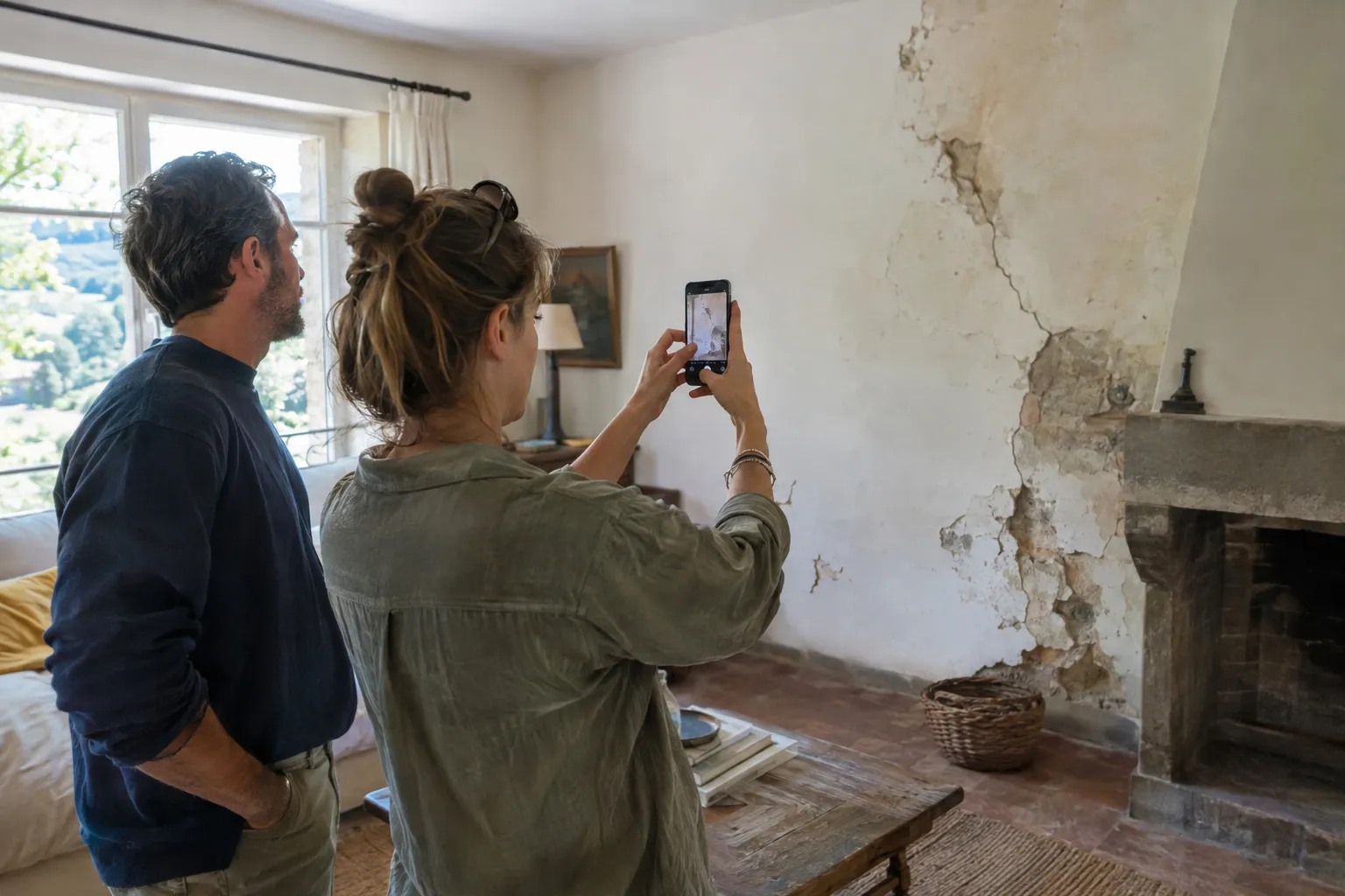 Un couple photographie ses pièces à rénover avec un téléphone pour demander un devis