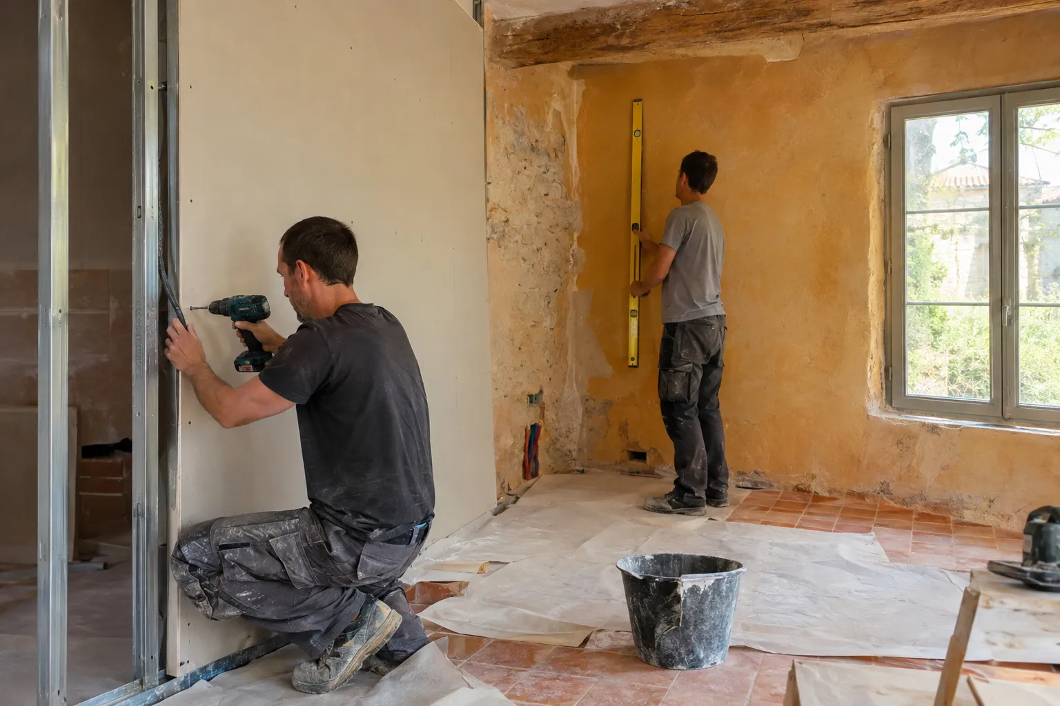Nos artisans montent une cloison et contrôlent les aplombs dans une pièce en rénovation