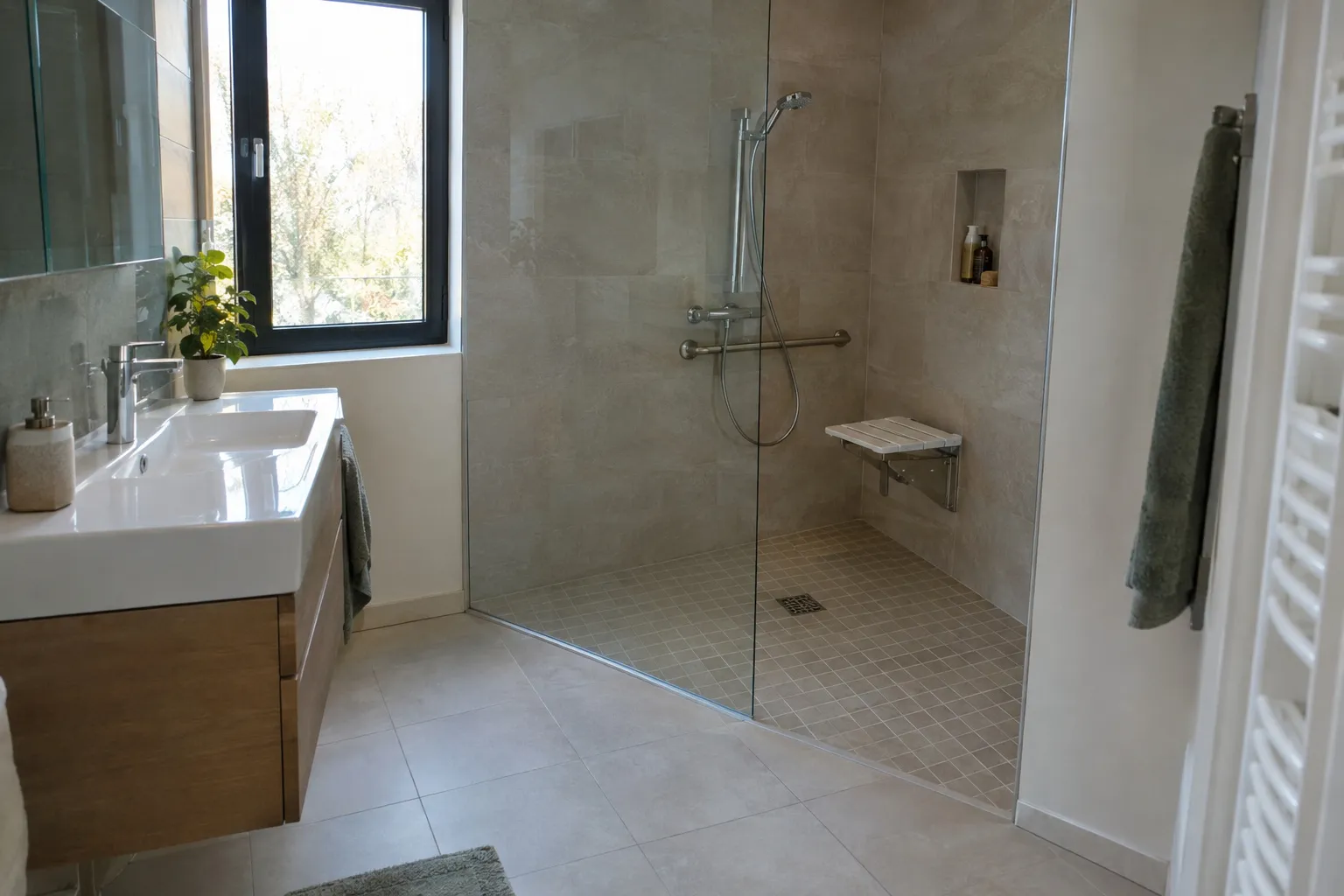 Salle de bain adaptée avec douche de plain-pied et barre d'appui