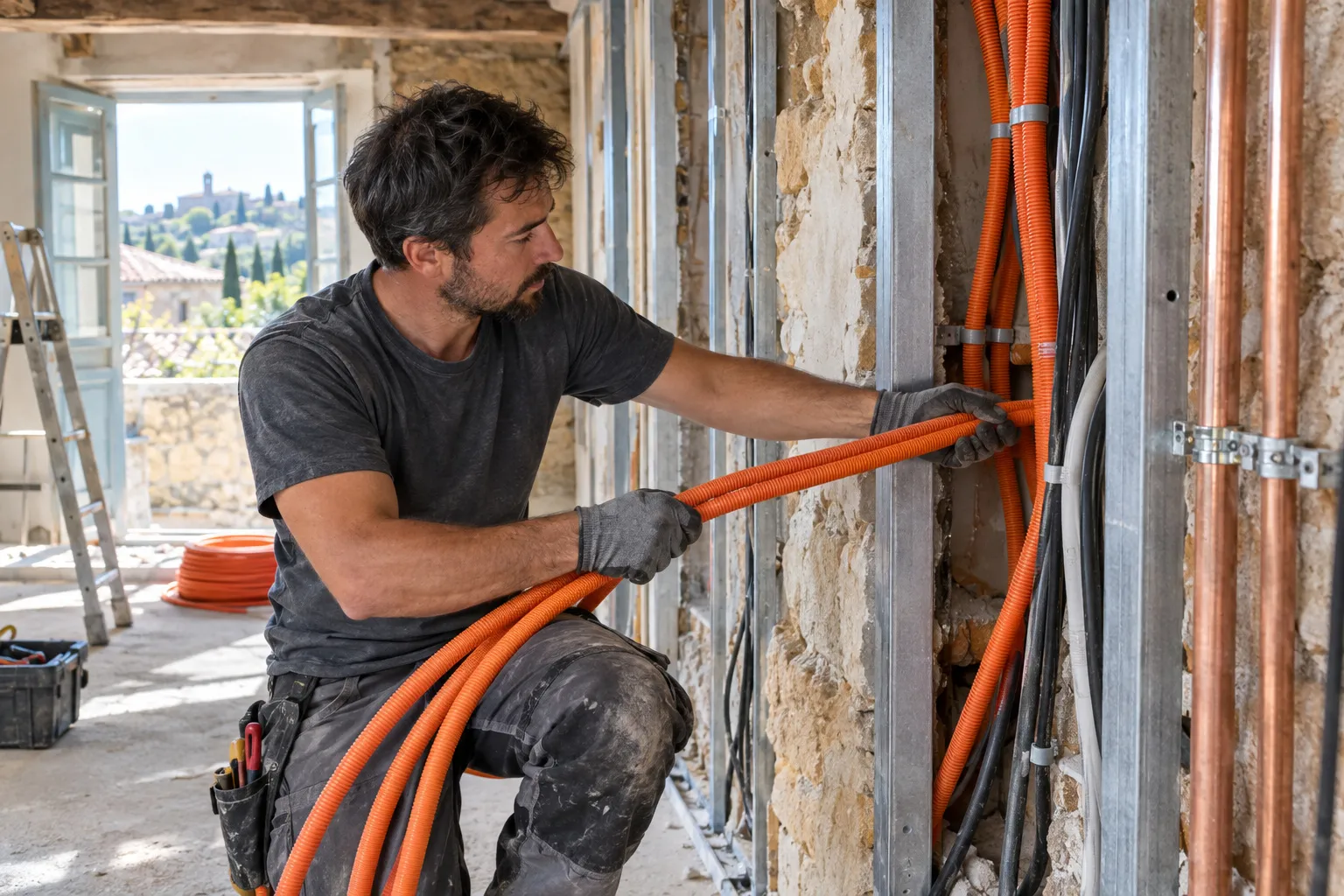 Électricien tirant des gaines dans une cloison ouverte, tuyaux de cuivre apparents