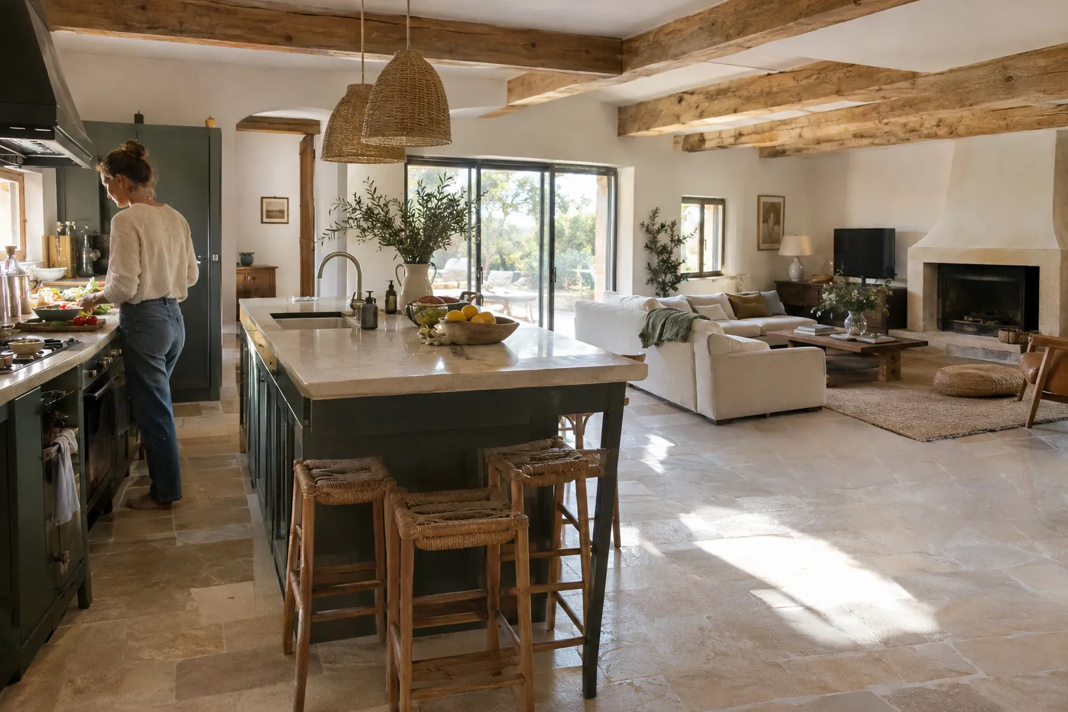 Cuisine ouverte sur le séjour, rénovée dans une villa provençale