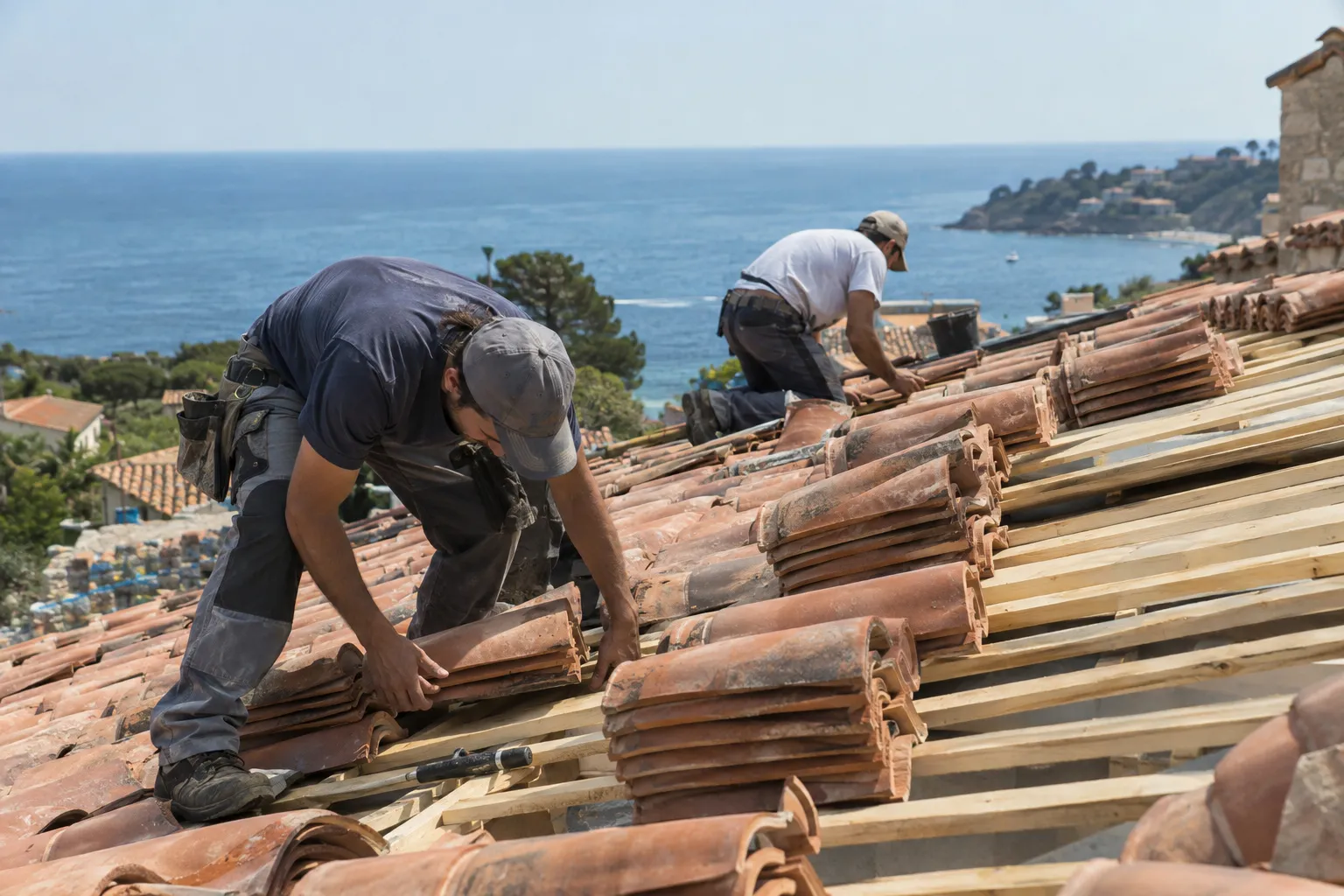 Chantier de toiture avec tuiles canal empilées et vue sur la mer