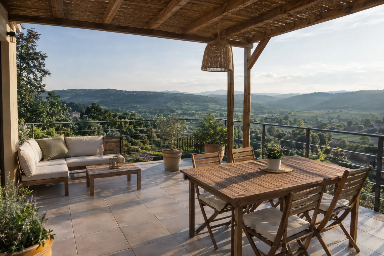 Terrasse carrelée avec pergola en bois face aux collines