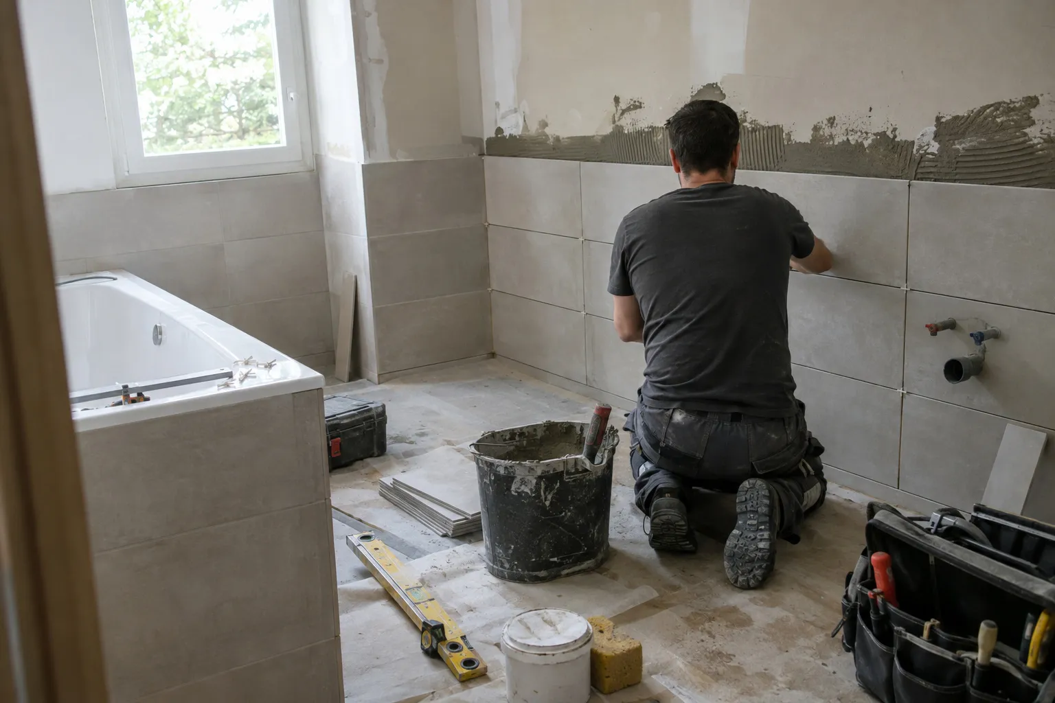 Salle de bain en cours de pose, murs à demi carrelés