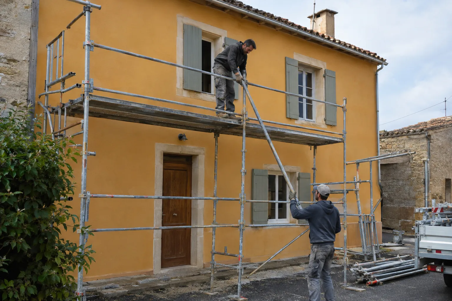 Façade ocre ravalée d’une maison de village, échafaudage en démontage