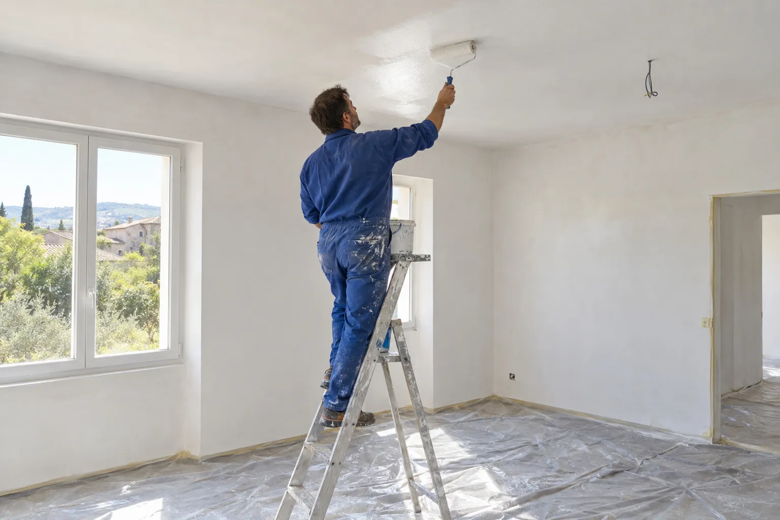 Peintre au rouleau sur un plafond, sols bâchés dans une pièce enduite