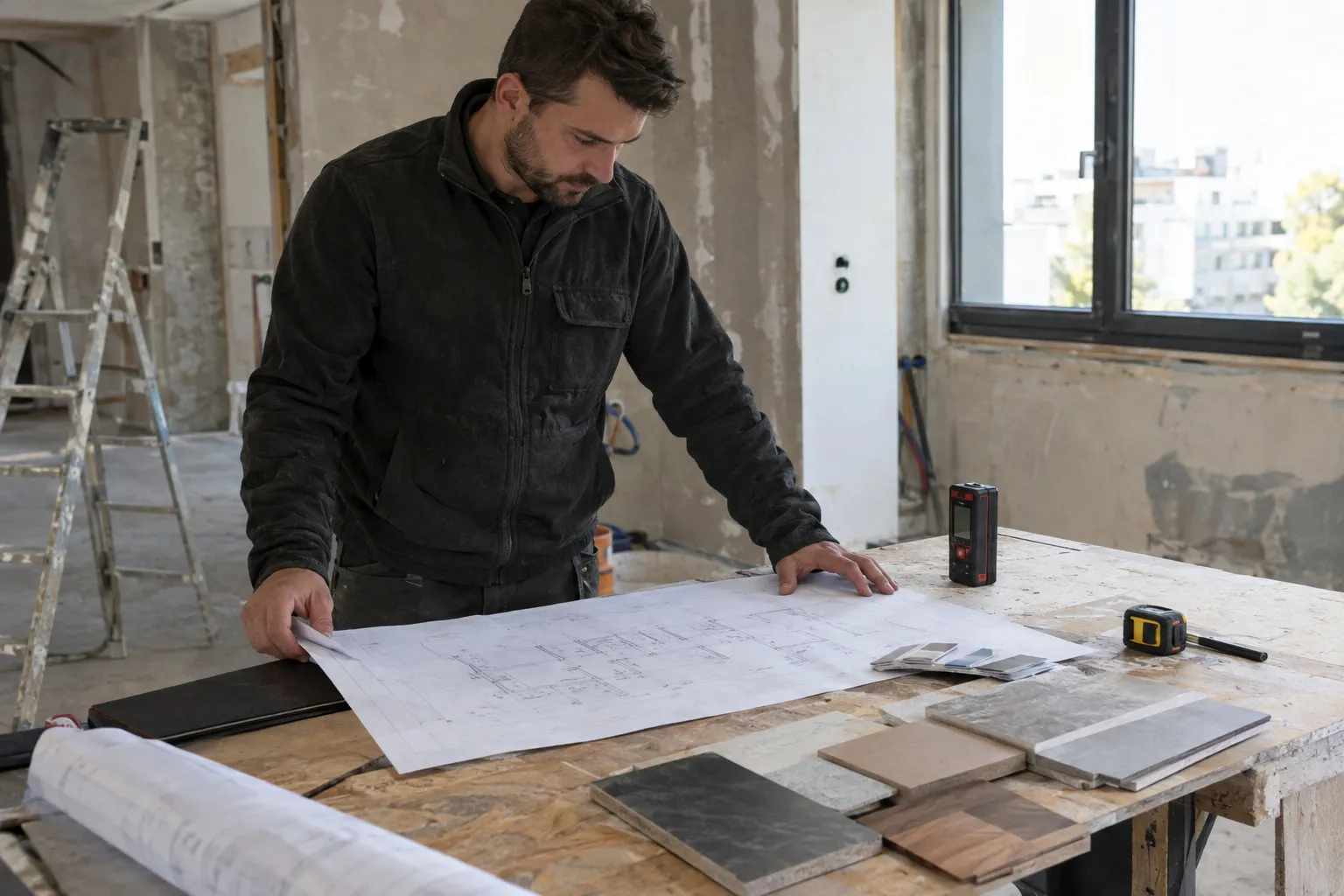 Plans et mètre sur une table de chantier