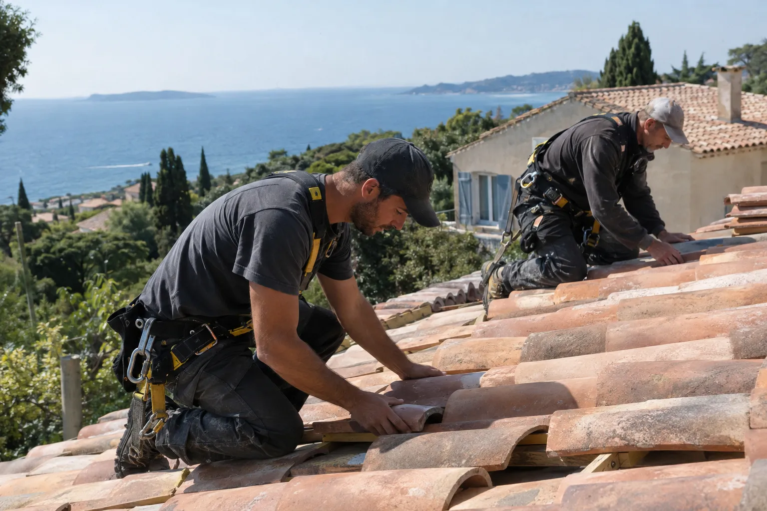 Couvreur posant des tuiles sur une toiture